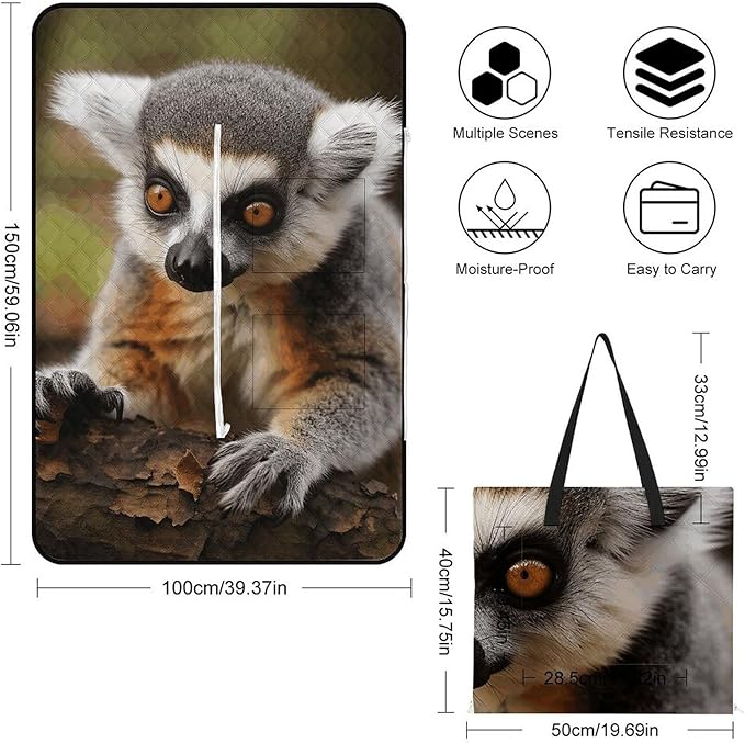 Zipper Monkey Lemur Cute Style Picnic Mat Suitable for Travel Camping Park Or Home Use