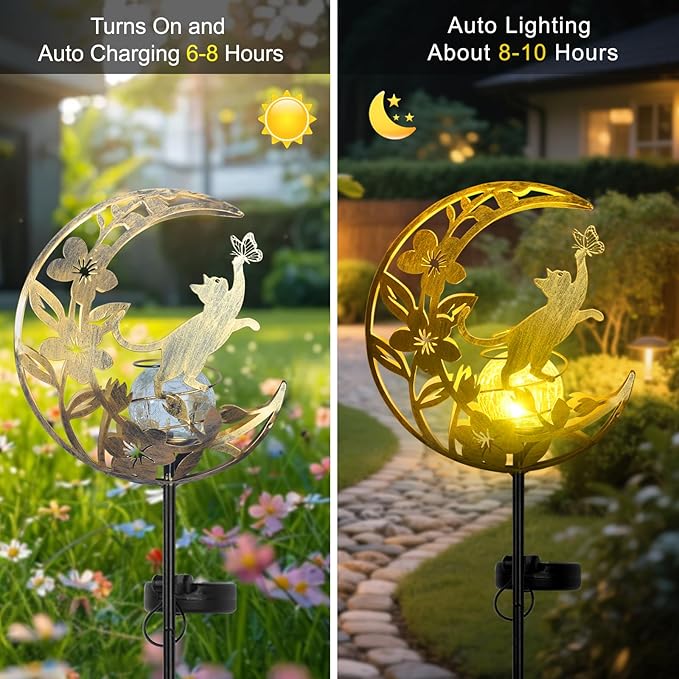 Cat Lights Outdoor Decor - Moon &amp Cat Sola Garden Lights Waterproof Auto On/Off Pathway Lighting for Yard/Lawn/Patio Handcrafted Metal Solar-Stake-Lights for Outside Decorations