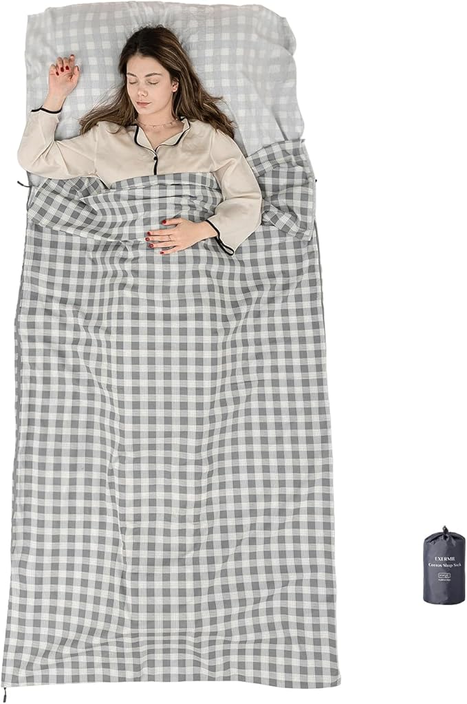 100% Cotton Sleeping Bag Liner with Full Length Zipper on 3 Sides Single/Double Adult Sleep Sack for Travel &amp Camping Multifunctional Travel Sheets (Unzipped 87”x87”) for Hotel Lightweight
