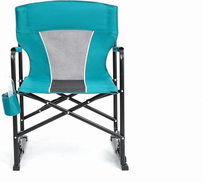 Outdoor Freestyle Rocker Camping Chair Portable Folding Rocking Chair with Solid Armrests Drink Holder Comfortable Backrest Blue