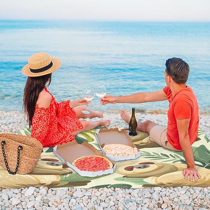 Waterproof Sandproof Beach Blanket 59''×68'' Sloth Polyester Outdoor Picnic Blanket with 4 Stakes &amp Storage Bag for BeachCampingVacation Leaves