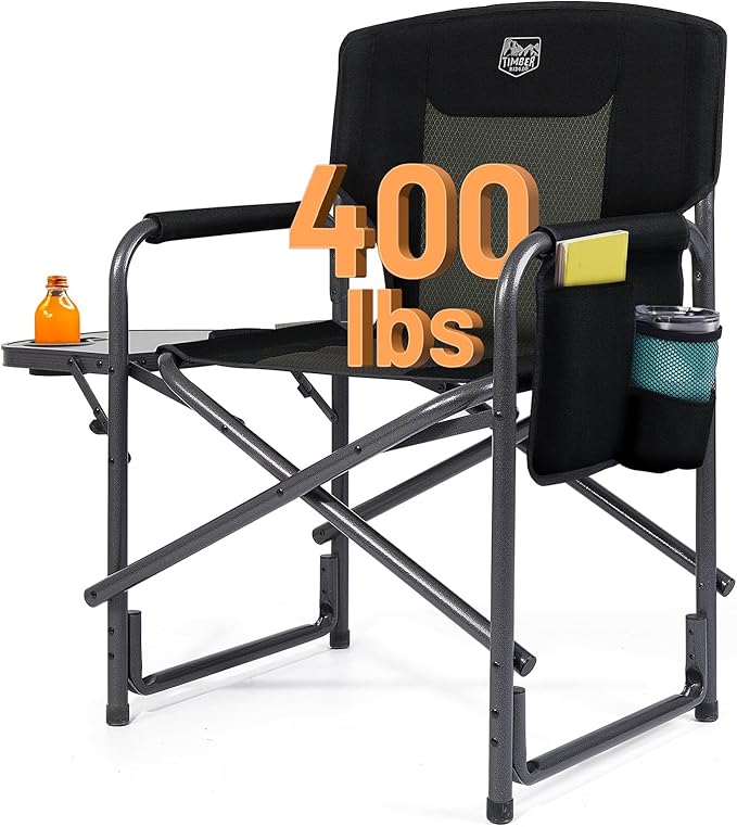 TIMBER RIDGE Aluminum Oversized Camping Chair Lightweight Portable Directors Chair with Side Table Detachable Side Pocket for Outdoor Camping Lawn Picnic Support 400lbs Black
