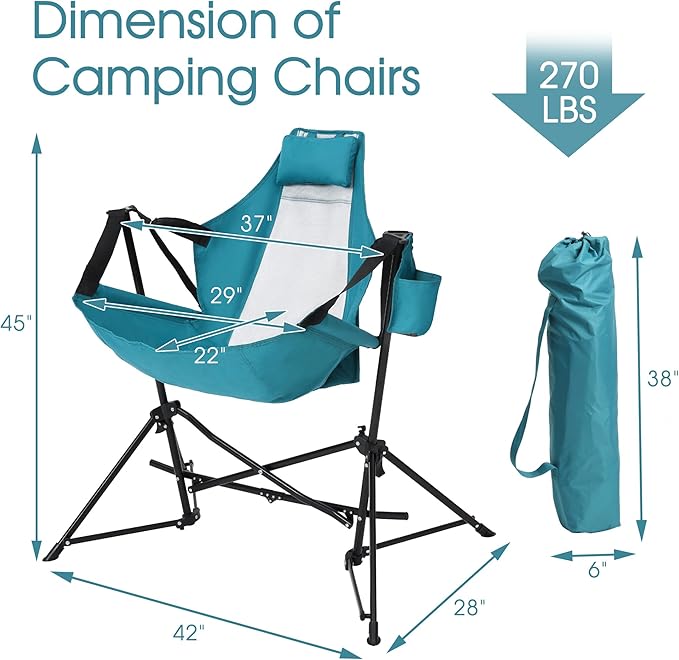 HOMEFUN Hammock Camping Chair - Portable Swinging Chairs for Adults with Stand and Storage Bag Oversized Folding Rocking for Lawn Camp Fishing Hiking Blue