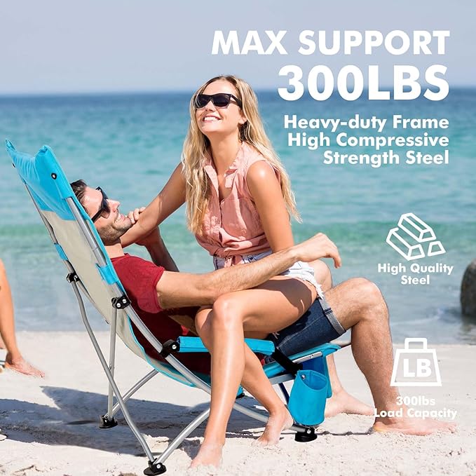 AKSOUL Folding Beach Chair for Adults: Low/High Back Chairs with Carry Bag - Extra Wide Seat Chair with Comfortable Pillow &amp Storage Pocket (1 Pack &amp 2 Pack Blue)
