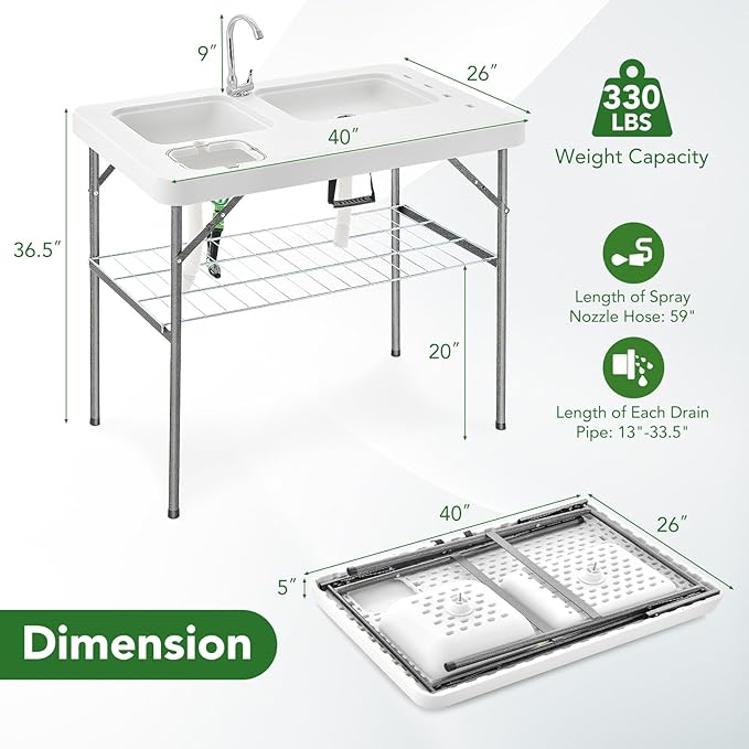 GYMAX Fish Cleaning Table with 2 Sinks Folding Fish Fillet Cleaning Station with Faucet Drainage Hoses &amp Sprayer Portable Camping Table with Storage for Fishing Picnic