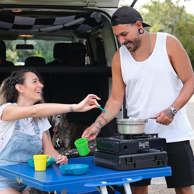 SHINESTAR Dual Fuel Stove with Butane &amp Propane Compatibility Portable Camping Stove for Outdoor Cooking Propane Adapter Hose and Carrying Case Included 7800 BTUs Output