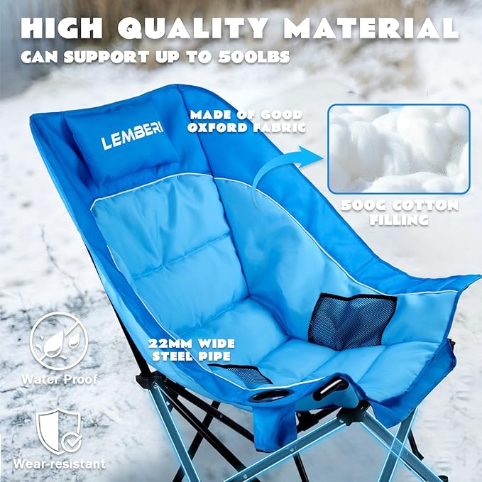 LEMBERI Oversized Heavy Duty Camping Chair for Adults500lbs Comfortable Folding Lawn ChairsLarge Outdoor Portable Chair with Cup HolderSide Pocket and Cooler Bag