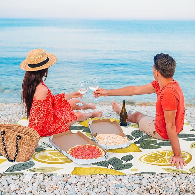 Waterproof Sandproof Beach Blanket 59''×68'' Lemon Drawing Polyester Outdoor Picnic Blanket with 4 Stakes &amp Storage Bag for BeachCampingVacation Fruit