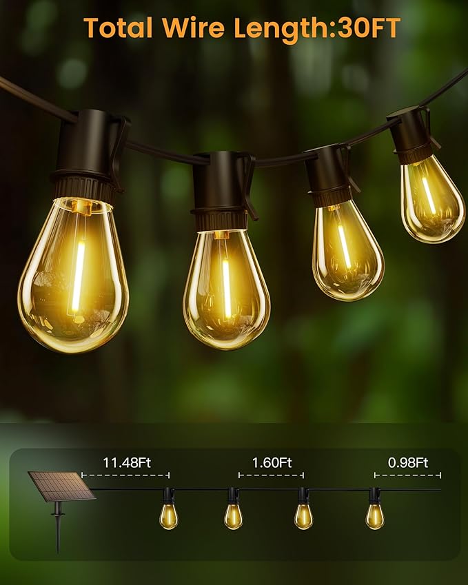 Torkase Outdoor Solar String Lights 30FT Waterproof S14 LED Patio Lights with 13 Shatterproof Bulbs USB Rechargeable 2200K Warm White Energy-Saving Hanging for Garden Porch Bistro Camping