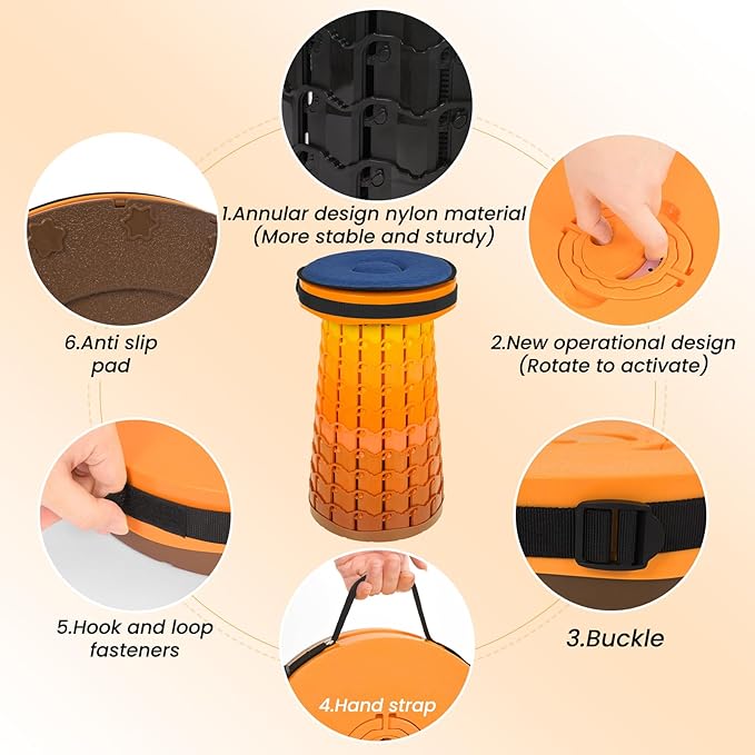 2 Pack Upgraded Folding Stool 19.7 Collapsible Stool Height Max Weight 1000lbs Portable Telescoping Seat with Cushion and Storage BagRetractable Folding Chair for Camping Hiking Outdoor BBQ-Orange