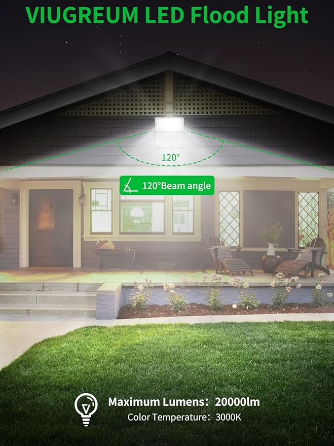Viugreum 200W LED Flood Light 16000LM 6000K Daylight White Slim Outdoor Floodlight IP66 Waterproof Security Lights Landscape Wall Lights for Garage Garden Lawn Yard Playground