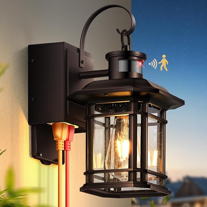 Porch Light with GFCI Outlet Distance and Time Adjustable Motion Sensor Outdoor Light Fixture with Outlet Bronze Dusk to Dawn Outside Sconce Lights for House Garden Patio Garage Waterproof