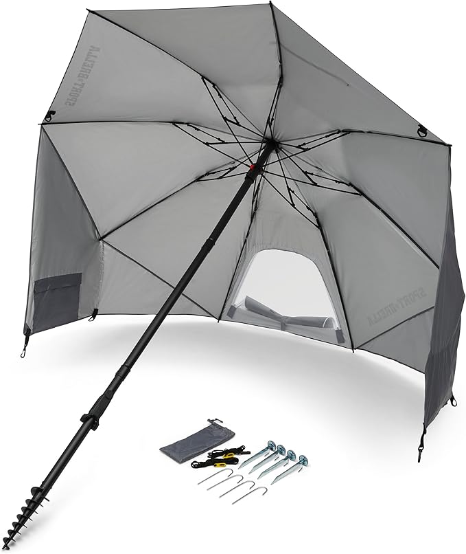 Sport-Brella Fieldedge (Gray) UPF 50+ Sun Protection Umbrella 6-Foot Bi-Fold Canopy with Patented Side Panels Premium Auger Bit and Carry Bag for Outdoor Shade on Beach Grass or Sidelines