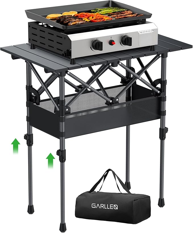 GARLLEN Folding Camping Table 2-Height Adjustable Portable Picnic Table with Roll-up Tabletop Lightweight Aluminum Outdoor Table with Storage Net &amp Carrying Bag for Camping Picnic BBQ