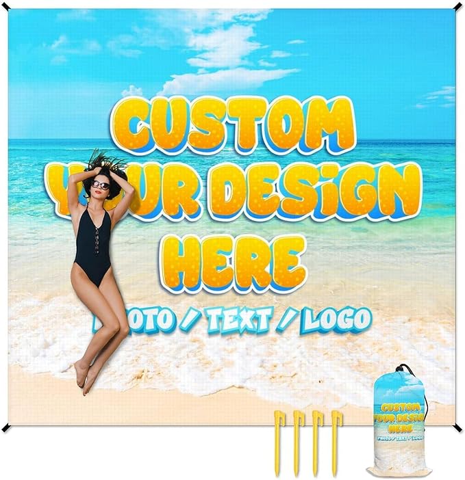 Custom Waterproof Beach Blanket - Personalized Sandproof Beach Mat with Photo Text - 110'' x 118'' Oversized Travel Blanket for Picnic Camping