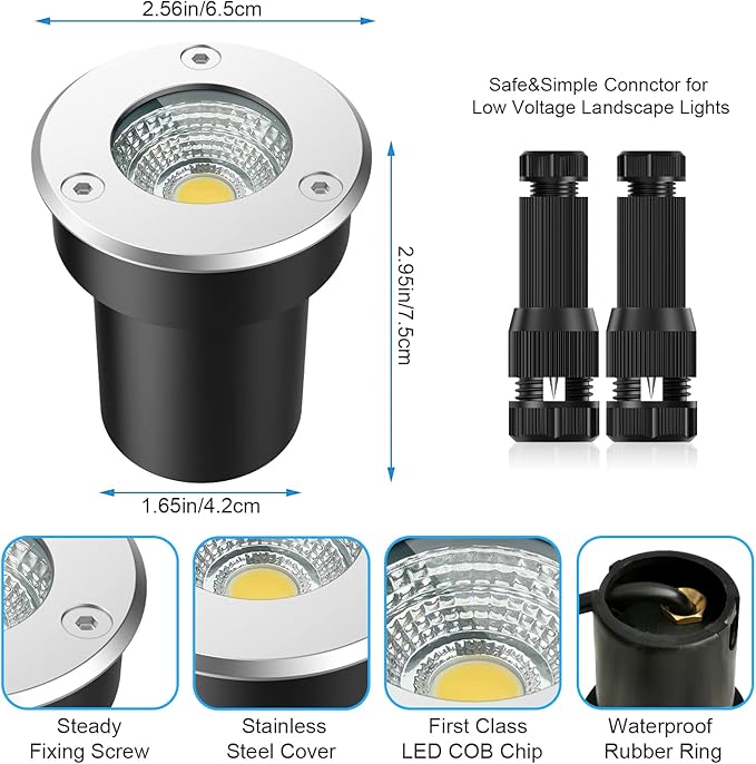 LED Landscape Lights 12 Pack 7W Ground Lights With 24 Connectors Low Voltage In-Ground Well Pathway Lighting Daylight White Waterproof for Driveway Deck Garden