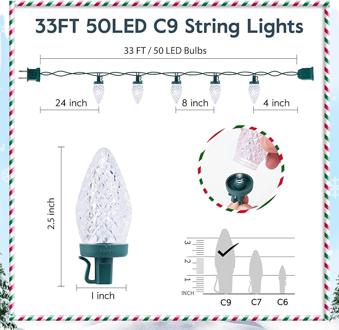 Brightown 2 Pack White C9 LED Christmas Lights Outdoor 33ft 50 LED Waterproof Strawberry String Lights Plug-in Extendable Green Wire Lights String for Outdoor Indoor Patio Party Decoration