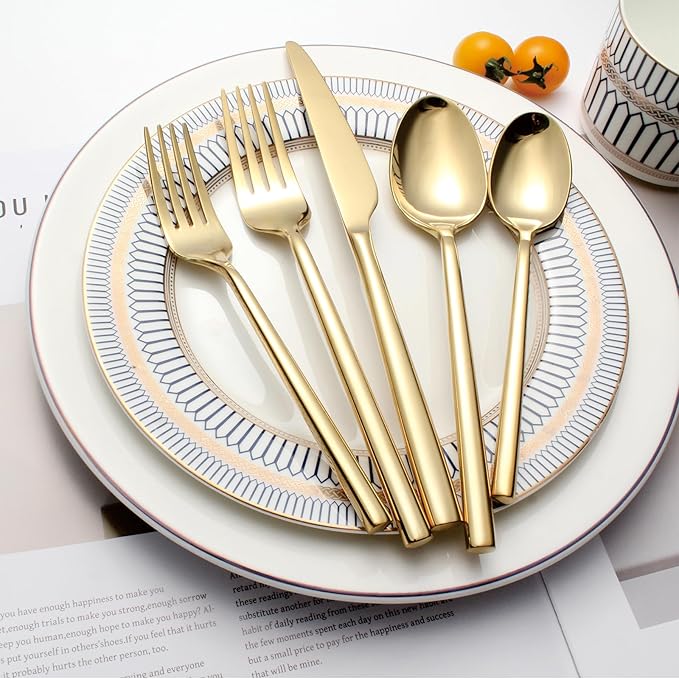 Gold Silverware Set 20-Piece Flatware Cutlery Set Service for 4 Heavy Duty Titanium Coating Modern Design 18/0 Stainless Steel Utensils Dishwasher Safe