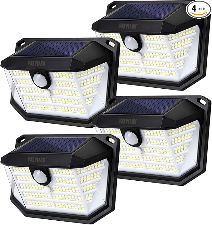Solar Outdoor Lights 230 LED with Motion Sensor and 3 Modes IP65 Waterproof 270° Wide Angle Light Easy-to-Install Intelligent Security Wireless Wall Lights for Porch Garage Yard(4 Pack)
