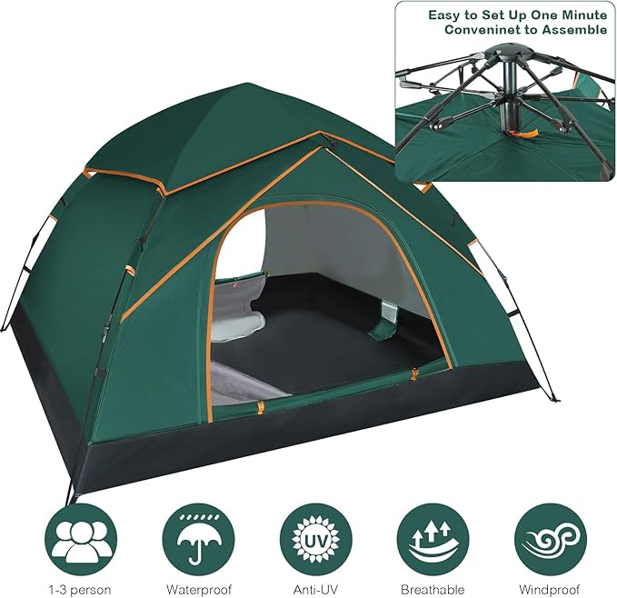Pop Up Tents for Camping 2-3 Person Camping Tent 60s Automatic Easy Setup Dome Tent Waterproof Family Camping Tents Lightweight Tents for Camping Hiking Backpacking Fishing Hunting