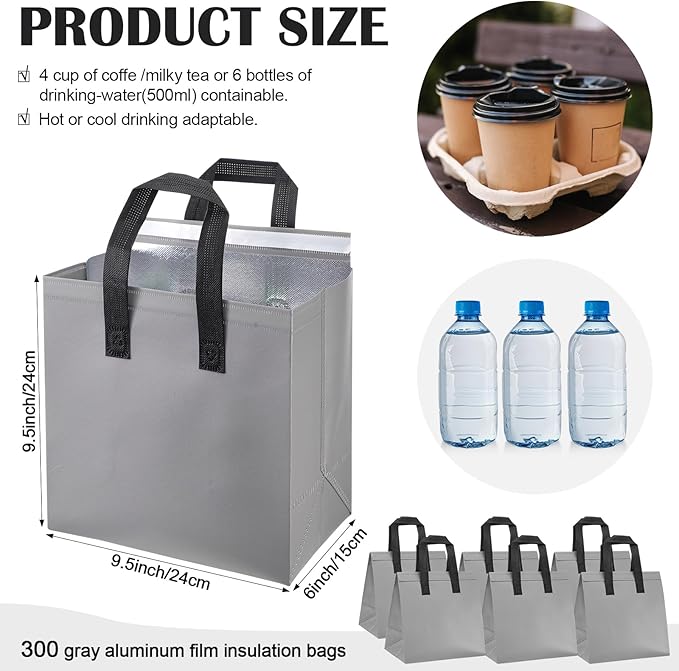 300 Pack Insulated Bags Bulk for Food Delivery 9.5 x 9.5 x 6 Thermal Take Away Bag for Hot Cold Food Coffee Milk Pizza Seafood Disposable Grocery Bag for Catering Restaurant(Grey)