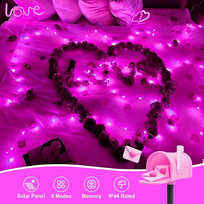 YEGUO 4 Pack Pink Solar Fairy Lights Each 33ft 100 LED Christmas Lights Outdoor Waterproof 8 Modes Sliver Wire Solar String Lights