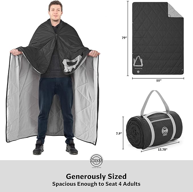 STOVER Large Waterproof Outdoor Stadium Blanket- Extra Thick Soft Fleece Camping Blanket for Travel Picnics Sports Dogs- 79x55 Warm Windproof Sand-Proof Lightweight Packable (Stadium Black)
