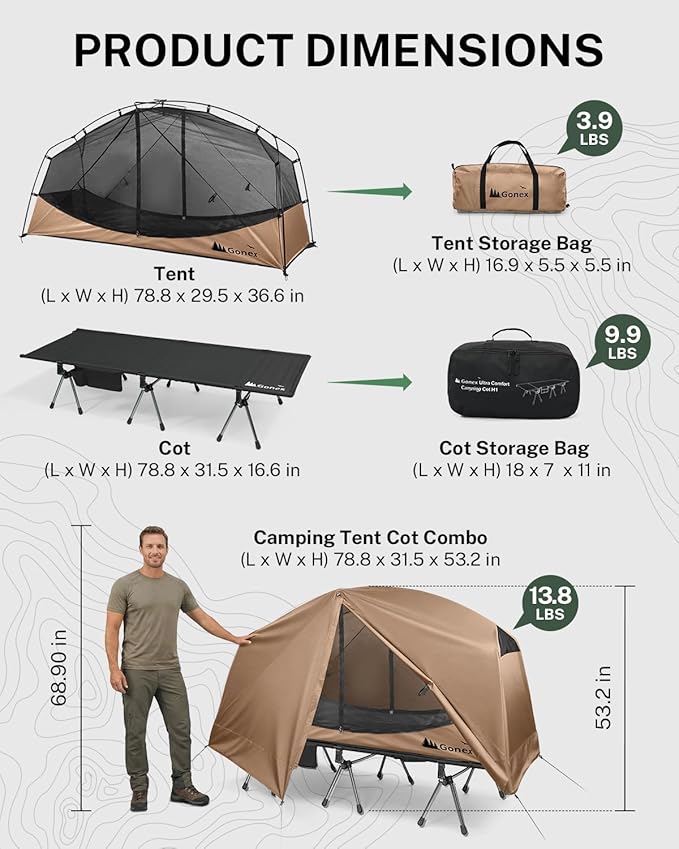 Gonex Camping Tent Cot for Adults 1-Person Off-Ground Folding Portable Easy Set-up Tent Cot Combo for Hiking Backpacking Car &amp Motorcycle Camping(31.5 W X 78.7 L)-Khaki