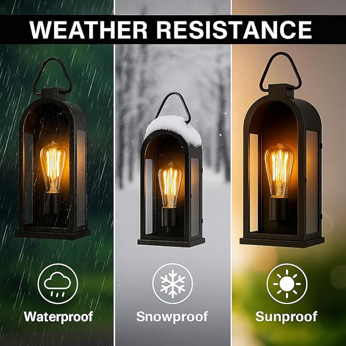 Vintage Outdoor Wall Light Fixtures (2 Pack) - Matte Black Porch Lantern/Exterior Wall Sconce Glass Shade Sturdy Metal Frame Waterproof &amp Anti-Rust for Entryway/Garage/Patio/Doorway E26 Socke