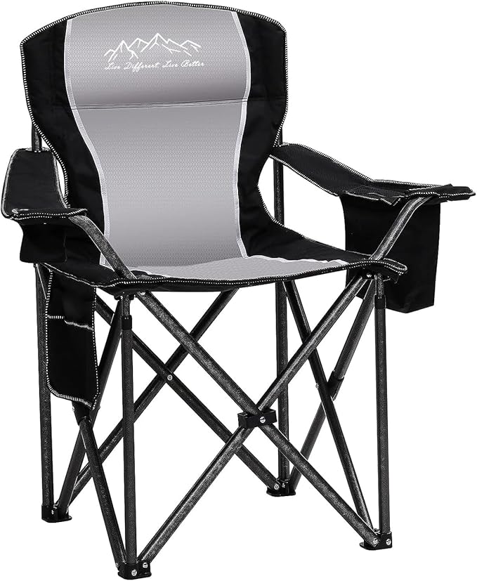 Folding Camping Chair Heavy Duty Portable Lawn Chairs with Cooler Bag Side Pocket &amp Cup Holder Folding Chairs for Outside Support 450lbs Black
