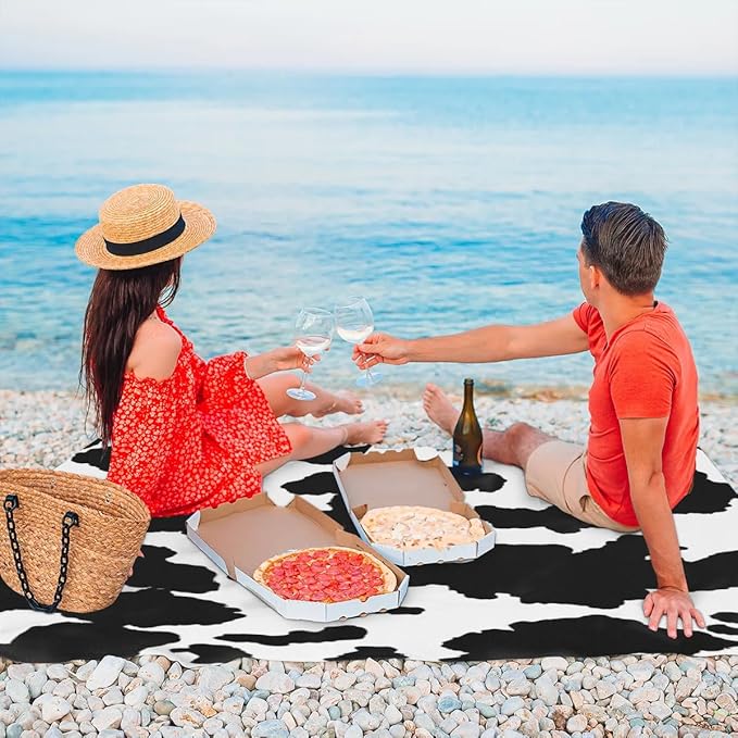 Cow Print Lightweight Beach Blanket Waterproof Sandproof 59X68 Sand Free Beach Mat with 4 Stakes Compact Outdoor Blanket for Beach Quick Drying Picnic Mat for Travel Camping