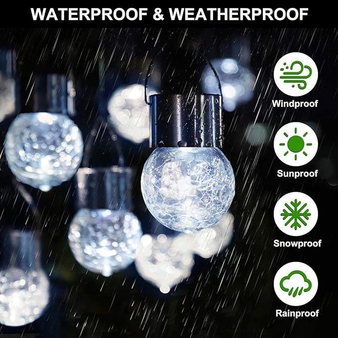 MAXvolador 12-Pack Hanging Solar Lights Decorative Cracked Glass Ball Light Solar Powered Waterproof Globe Lighting for Garden Tree(Cool White)