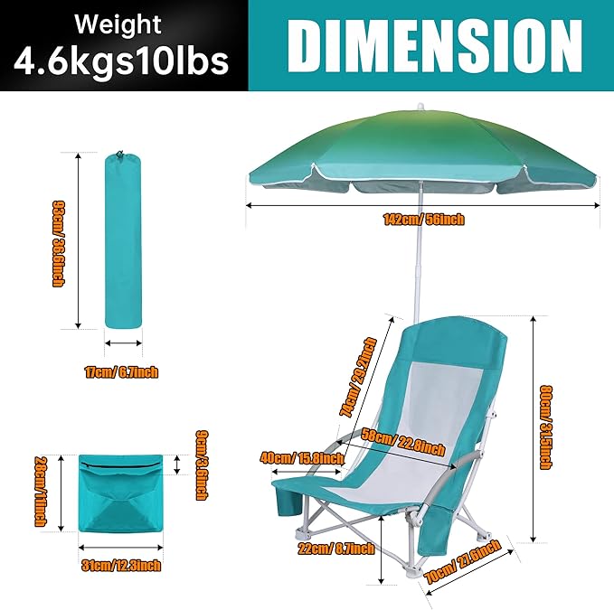 Beach Chair Beach Folding Chair for Adults Camping Chair High Back with Umbrella and Cooler Bag Huge Shade Portable &amp Lightweight for Beach Outdoor Camping (2 Bright Blue w/Hint Green)