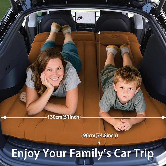 Car Air Mattress - Inflatable Camping Bed Compatible with Tesla Model Y Thickened Flocked AirBed for Trunk/Backseat/Sedan/SUV/RV Sleeping Pad with Pump and 2 Pillows for Camping Travel Outdoor Brown