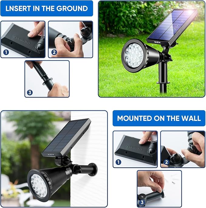 KEV Solar Spot Lights Outdoor18 LEDs Color Changing RGB Solar Flood Lights with 8 Modes &ampIPX65 WaterproofHalloween Solar Spotlight for Driveway/Backyard/Landscape/Tree(Multicolor2 Pack)
