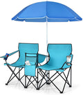 COSTWAY Double Portable Picnic Chairs Folding Camping Chairs w/Detachable Umbrella Cooler Bag Cup Holders Patio Beach Camping Chairs for Outdoors