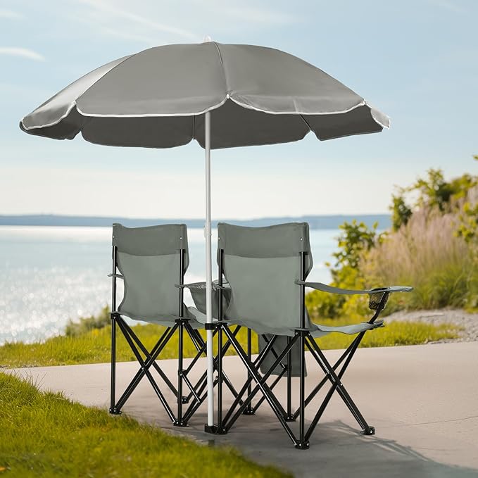 Double Camping Chairs with Removable Sun Umbrella Portable 2-Seat Folding Chair for Outdoor Activities Durable Steel Frame &amp Oxford Fabric Grey