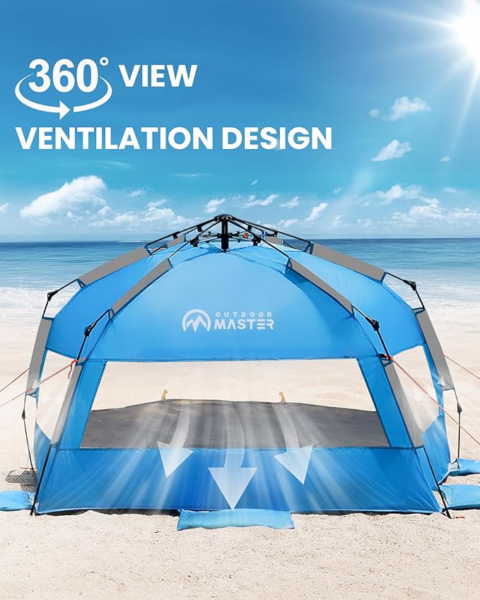 OutdoorMaster Beach Tent with Blackout Shelter Technology Portable Sun Shade Shelter 4 Person Pop Up Beach Tents with UPF 50+ UV Protection 9.5mm Thick Pole 3 Ventilating Mesh Windows -Blue