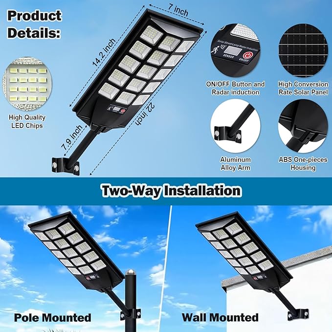 Jercoda Solar Lights Outdoor Waterproof 50000LM 6500K Dusk to Dawn Solar Powered Street Light Motion Sensor with Remote LED Security Flood Light for Outside Garden Yard Parking Lot Pathway 2 Pack