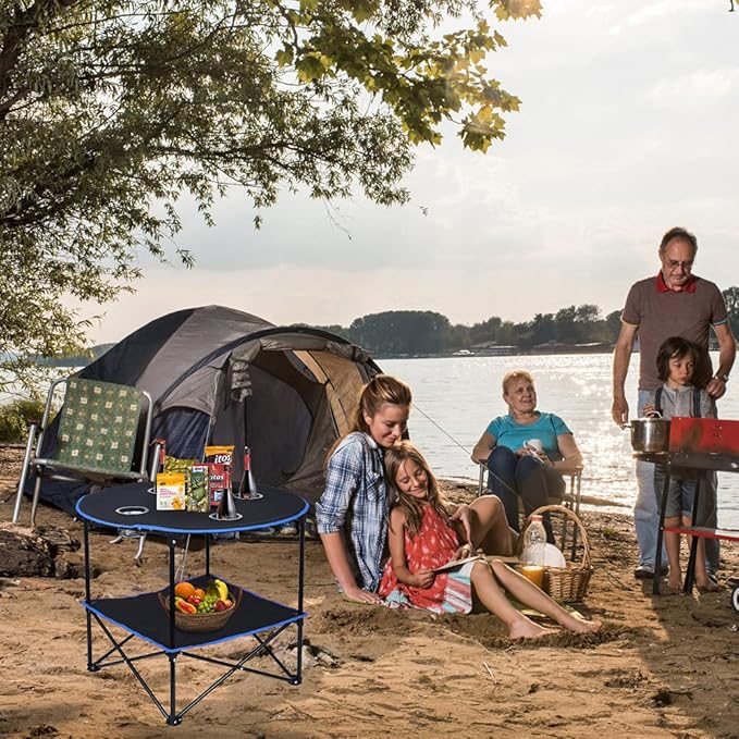 LEADALLWAY Folding Picnic Table Portable Outdoor Camping Table with 4 Cup Holders and Carrying BagsCollapsible Canvas Travel Table for Outdoor PicnicBarbecueTravelFishing (Black+Blue)
