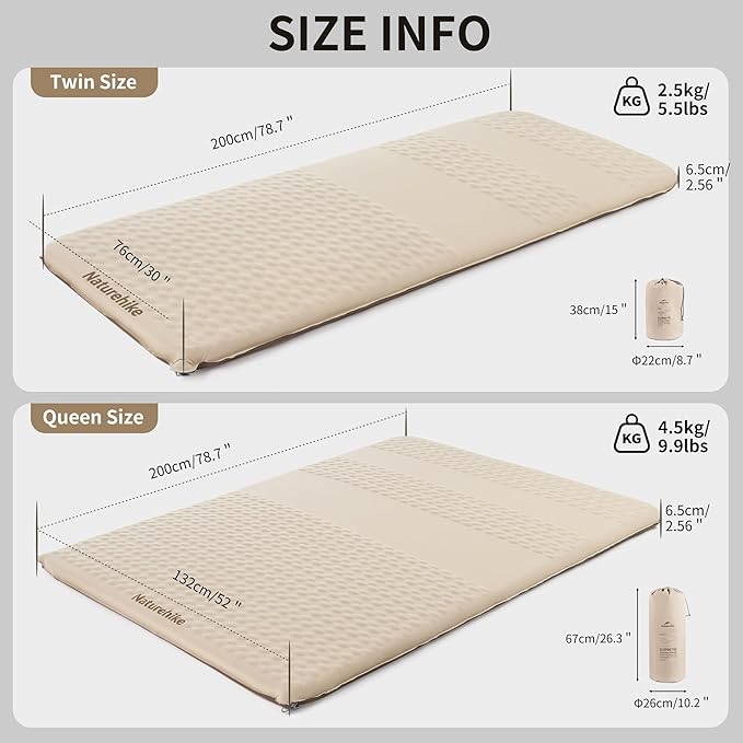Naturehike 2.56’’ Thick Self Inflating Sleeping Pad for Camping with Foam Inflatable Twin Size Camping Mattress for Outdoors Car Home ISPO Award Winning Processes