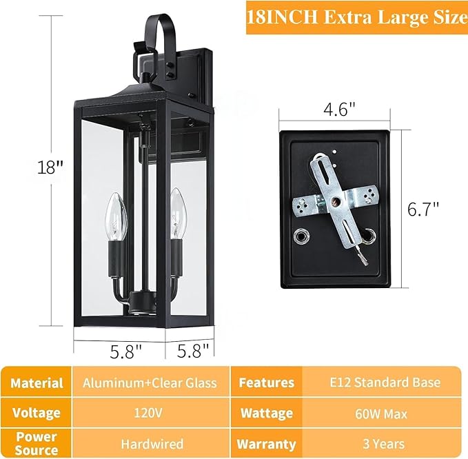 18'' Large Outdoor Light Fixture 2 Packs Black Porch Lantern Wall Mounted Waterproof 2-Light Exterior Lighting Fixtures with Clear Tempered Glass Modern Sconce Outside Lights for House Patio Garage