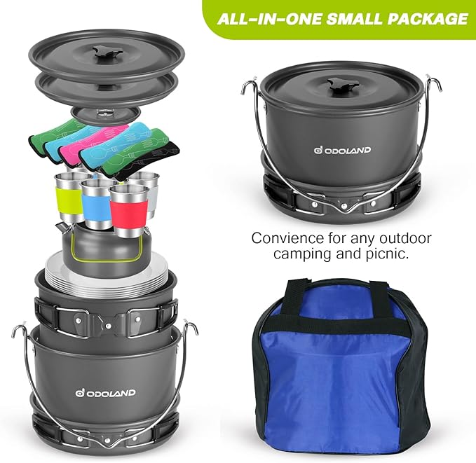 Odoland 39pcs Camping Cookware Mess Kit Non-Stick Large Size Hanging Pot Pan Kettle with Base Dinner Cutlery Sets for 6 and More Cups Dishes Forks Spoons Kit for Outdoor Camping Hiking Picnic