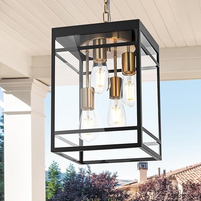 Large Outdoor Pendant Light Fixture for Porch Black Brass Outdoor Hanging Lantern Pendant Light with Clear Glass 4 Lights Exterior Porch Chandelier for Outside PatioFront DoorEnterway