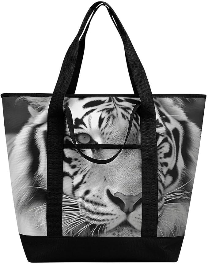 Insulated Shopping BagLarge Reusable Cooler Bags Black White Tiger Printed Foldable Shopping BagTravel Waterproof Shoulder Bag
