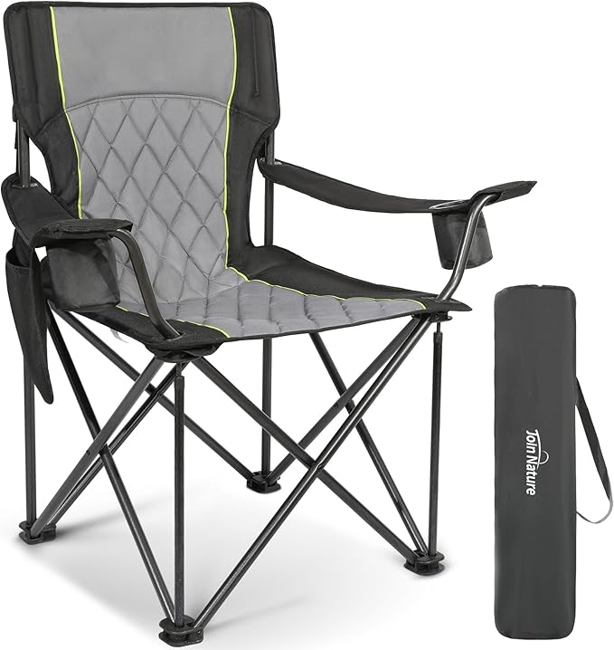 Folding Camping Chairs for Adults Padded Folding Chairs for Outside Heavy Duty with Cup Holders &amp Side Pocket Support up to 500 lbs Black