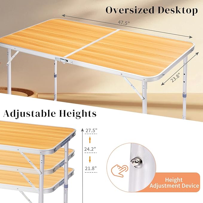 Portable Camping Table with Carrying HandleOutdoor Folding TableFolding Dining Tablefor Camping and Party (Wood Grain 4ft)