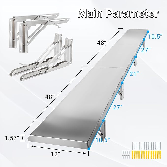 Folding Concession Shelf 96 x 12 Drop Down Concession Serving Window Stainless Steel Folding Shelf Serving Food Shelf for Windows