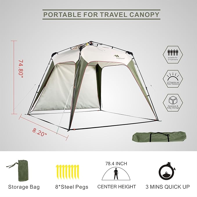 8.2'x8.2' Quick Up Canopy Tent 3 Min Setup Portable Canopy with 1 Sidewall Waterproof UV Protection Outdoor Canopy for Camping Beach Backyard &amp Party-Olive