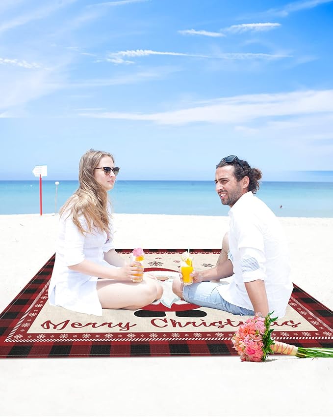 Beach Blanket Waterproof Sandproof OversizedMerry Christmas Cute Santa Winter Snowflake Beach Mat with Corner Stakes Sand PocketsRed Buffalo Plaid Black Check Outdoor Picnic Mat for Travel 95x80In